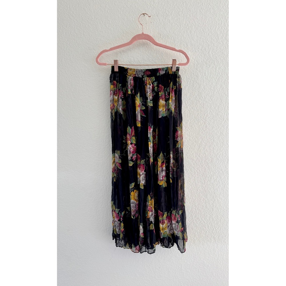 Vintage Sheer Floral Maxi Skirt Black Pink Yellow Boho Cottagecore Elastic Waist